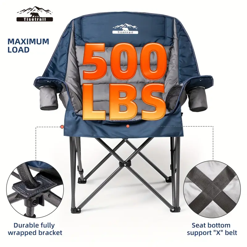 Tisetrail Oversized Padded Camping Chair with Side Pocket & Cup Holder, Heavy-Duty 500lbs Capacity, Blue & Gray