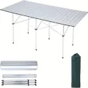 55-inch Folding Camping Picnic Table, Portable Rolled Lightweight Compact Aluminum Outdoor Table Carry Bag for Parties, Beach, BBQ, Buffet Silvery