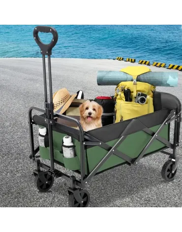 Versatile Green Collapsible Wagon Cart With Wheels - Perfect For Pets, Groceries & Outdoor Adventures | Includes Cup Holders & Adjustable Handle