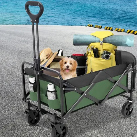 Versatile Green Collapsible Wagon Cart With Wheels - Perfect For Pets, Groceries & Outdoor Adventures | Includes Cup Holders & Adjustable Handle