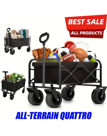 Folding Wagon Cart, Heavy Duty Utility Portable Foldable Outdoor Beach Garden Cart with 360°All Terrain Wheels, Side Pockets, Large Capacity Collapsible Wagon Equipment Carts for Sports, Camping