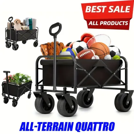 Folding Wagon Cart, Heavy Duty Utility Portable Foldable Outdoor Beach Garden Cart with 360°All Terrain Wheels, Side Pockets, Large Capacity Collapsible Wagon Equipment Carts for Sports, Camping