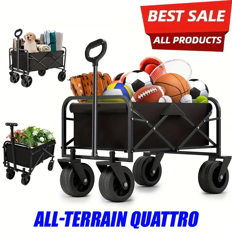 Folding Wagon Cart, Heavy Duty Utility Portable Foldable Outdoor Beach Garden Cart with 360°All Terrain Wheels, Side Pockets, Large Capacity Collapsible Wagon Equipment Carts for Sports, Camping