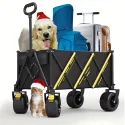 Foldable Trolley Pet Transporter Beach Trolley, 550lb Heavy Duty Multi-purpose Garden Trolley with 360°All-terrain Wheels, Side Pocket, Dog Stroller, for Beach, Lawn, Sports, Camping, Fishing, Black, 29.92 Inch
