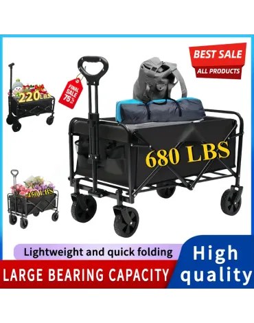 All Terrain Heavy Duty Folding Cart, Large Capacity Camper Suitable for Yard Shopping/ Sports/ Outdoor/ Gardening Equipment Handling, Black Multifunctional Utility Cart