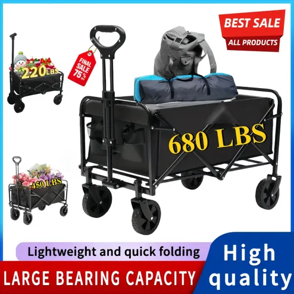 All Terrain Heavy Duty Folding Cart, Large Capacity Camper Suitable for Yard Shopping/ Sports/ Outdoor/ Gardening Equipment Handling, Black Multifunctional Utility Cart