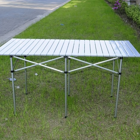 55-inch Folding Camping Picnic Table, Portable Rolled Lightweight Compact Aluminum Outdoor Table Carry Bag for Parties, Beach, BBQ, Buffet Silvery