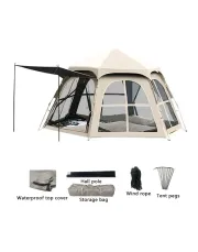 2-in-1 Portable Hexagon Tent & Canopy - UV Protection, Waterproof Oxford Fabric for Outdoor Camping and Picnics, Khaki