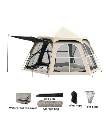 2-in-1 Portable Hexagon Tent & Canopy - UV Protection, Waterproof Oxford Fabric for Outdoor Camping and Picnics, Khaki